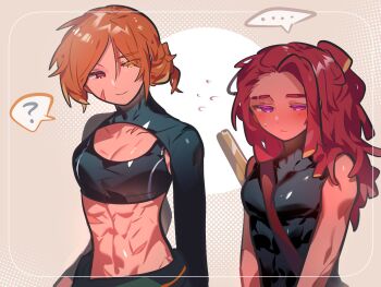 ... 1boy 1girl ? abs alternate_costume alternate_hair_length_(longer) alternate_hair_length_(shorter) androgynous arms_at_sides asymmetrical_bangs bare_arms bare_shoulders between_pectorals black_shirt black_sports_bra blush border braid braided_bun breasts brown_border brown_eyes brown_hair cleavage cleavage_cutout closed_mouth clothing_cutout colored_eyelashes commentary_request cookie_run cookie_run:_ovenbreak covered_abs covered_collarbone croissant_cookie croissant_cookie_(director_of_the_tbd) crop_top cropped_shirt curtained_hair dark-skinned_female dark-skinned_male dark_skin dreadlocks embarrassed eyes_visible_through_hair facial_scar flying_sweatdrops hair_between_eyes hair_bun hair_over_shoulder halftone halftone_background heterochromia highres humanization inset_border looking_at_viewer medium_breasts mismatched_eyebrows nose_blush official_alternate_hairstyle omoyu_(nakyu715) outside_border pectorals ponytail raised_inner_eyebrows red_hair round_border scar scar_on_cheek scar_on_face scar_on_stomach shirt short_hair sidelocks simple_background single_hair_bun sleeveless sleeveless_shirt sleeveless_turtleneck smile spoken_ellipsis spoken_question_mark sports_bra string_gummy_cookie thick_eyebrows toned toned_female toned_male turtleneck turtleneck_shirt white_background yellow_eyes