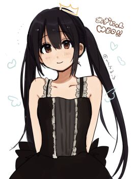 ! !! 1girl bare_shoulders birthday black_hair blush brown_eyes closed_mouth collarbone dot_nose feet_out_of_frame female_focus hair_between_eyes happy_birthday k-on! long_hair looking_at_viewer nakano_azusa ns_s3_3 smile solo standing twintails