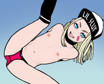 1girl arms_behind_back bandaid bandaid_on_face baseball_cap black_choker black_hat black_socks blonde_hair blue_background blue_bow blue_eyes bluesalm0n bow bow_panties braces bright_pupils choker clothes_writing commentary crotch_seam english_commentary feet_out_of_frame flat_chest gradient_background hat kneehighs large_variant_set lily_(andava) loli long_hair looking_at_viewer lying naughty_face navel nipples original panties parted_lips red_panties single_sidelock smile socks solo spread_legs stomach teeth thighs tongue tongue_out topless_female underwear variant_set white_pupils