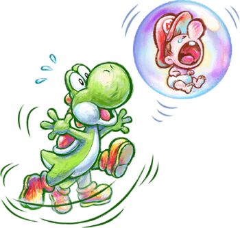 2boys afterimage baby baby_mario boots brown_boots brown_hair bubble colored_skin crying diaper green_skin green_yoshi harada_masamichi hat lowres mario mario_(series) motion_lines multiple_boys nintendo official_art open_mouth red_hat short_hair simple_background sitting teeth transparent_background upper_teeth_only yoshi yoshi&#039;s_new_island