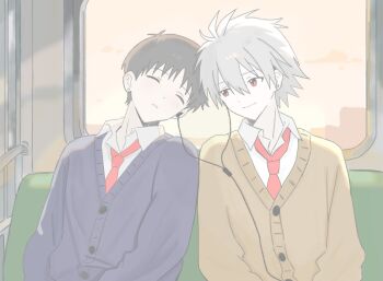 2boys alternate_costume brown_hair buttons cardigan collared_shirt commentary_request earphones grey_hair hair_between_eyes heads_together ikari_shinji light_smile looking_at_another male_focus multiple_boys nagisa_kaworu necktie neon_genesis_evangelion oio_127 red_eyes red_necktie school_uniform shared_earphones shirt short_hair sitting sleeping sleeping_on_person train_interior white_shirt yaoi