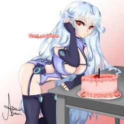 Rule 34 | 1girl, bodysuit, breasts, cake, chidorigafuchi aine, cleavage, food, gloves, gradient background, hand on own face, large breasts, leaning forward, leotard, long hair, masou gakuen hxh, red eyes, table, white hair