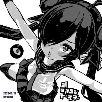 Rule 34 | 1girl, ;o, ahoge, backbeako (torotei), backbeard, blush, breasts, chestnut mouth, commentary, dated, dated commentary, gegege no kitarou, gloves, greyscale, hair over one eye, hair ribbon, kono lolicon domome, long hair, looking at viewer, monochrome, necktie, one eye closed, open mouth, original, outstretched arms, paid reward available, pleated skirt, pointy ears, ribbon, sailor collar, shirt, simple background, skirt, sleeveless, sleeveless shirt, small breasts, solo, standing, standing on one leg, thighhighs, torotei, translated, twintails, watermark, web address, white background