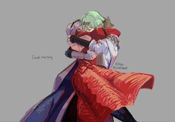 1boy 1girl closed_eyes couple dress edelgard_von_hresvelg edelgard_von_hresvelg_(timeskip) fire_emblem fire_emblem:_three_houses green_hair grey_background grey_hair hair_ornament heads_together hetero highres hug litten9art long_sleeves male_byleth_(awakened)_(fire_emblem) male_byleth_(enlightened_one)_(fire_emblem) male_byleth_(fire_emblem) mixed-language_commentary nintendo official_alternate_hair_color pants red_dress standing upper_body