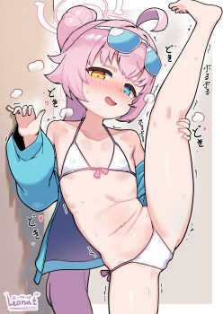 1girl absurdres adapted_costume ahoge artist_name barefoot bikini blue-tinted_eyewear blue_archive blue_eyes blue_jacket blush cameltoe dated eyewear_on_head female_focus flat_chest halo halterneck heterochromia highres hoshino_(blue_archive) hoshino_(swimsuit)_(blue_archive) jacket kneepits leg_up leonat loli long_hair long_sleeves looking_at_viewer navel nose_blush official_alternate_costume open_mouth paid_reward_available pink_hair pink_halo ponytail puffy_long_sleeves puffy_sleeves signature solo sound_effects split standing standing_on_one_leg standing_split string_bikini sunglasses swimsuit tinted_eyewear very_long_hair white-framed_eyewear white_bikini yellow_eyes