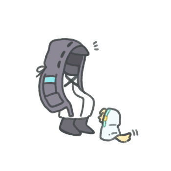 1boy 1other ambiguous_gender animal_ears animalization arknights black_jacket black_shoes chibi chickenuma_0 coat commentary_request doctor_(arknights) dog dog_boy dog_ears dog_tail hands_in_pockets highres hood hood_up hooded_coat hooded_jacket jacket notice_lines shoes simple_background standing tail tail_wagging tequila_(arknights) white_background