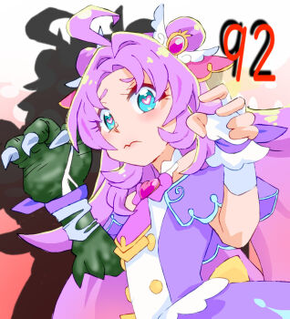 Rule 34 | 1girl, ahoge, akechi anna, blue eyes, blush, bow, bowtie, brooch, capelet, claw pose, claws, colored skin, cure answer, double bun, dress, fingerless gloves, gloves, gradient background, green skin, hair bun, hair ornament, hair ribbon, heart, heart-shaped pupils, heart brooch, jewelry, long hair, looking at viewer, magical girl, meitantei precure!, monsterification, onnaski, pink background, pink ribbon, polka dot, polka dot background, precure, purple bow, purple bowtie, purple capelet, purple dress, purple hair, purple ribbon, ribbon, scared, single glove, standing, symbol-shaped pupils, upper body, white gloves, wing hair ornament, wrist ribbon