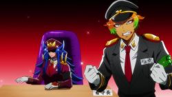 Rule 34 | 1girl, animated, anime screenshot, audible speech, blue hair, blush, covering face, english audio, formal clothes, gloves, heart, highres, hyakushiki momoko, nanbaka, red suit, sound, sounds, spiked hair, suit, tagme, video