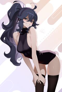 1girl absurdres ahoge alternate_hairstyle bare_shoulders bent_over black_eyes black_hair black_leotard black_sweater black_thighhighs breasts collarbone commentary dress english_commentary grey_eyes grey_hair grin hair_between_eyes heattech_leotard hex_maniac_(pokemon) hex_maniac_(pokemon_xy) highres leotard long_hair looking_at_viewer medium_breasts nintendo open_mouth otokakoto pokemon pokemon_xy ponytail skindentation sleeveless sleeveless_sweater smile standing sweater sweater_dress thighhighs turtleneck