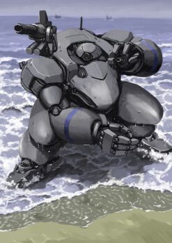 beach grey_sky gun highres mecha no_humans ocean original outdoors robot ship sky tyokugekidato water watercraft weapon
