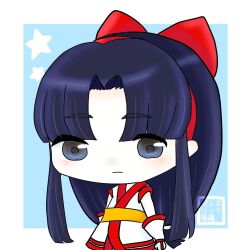 Rule 34 | 1girl, ainu clothes, blue eyes, blue hair, breasts, chibi, expressionless, fingerless gloves, gloves, hair ribbon, highres, looking at viewer, nakoruru, ribbon, samurai spirits, small breasts, solo, the king of fighters