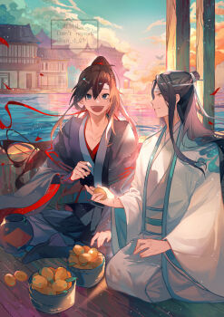 2boys :d absurdres ahoge an_d_01 architecture basket black_boots black_hair black_hanfu blue_eyes blue_sky blurry boat bokeh boots brown_hair chinese_clothes closed_mouth cloud couple day depth_of_field east_asian_architecture food fruit hair_between_eyes hair_ribbon hanfu headband high_ponytail highres holding holding_food holding_fruit indian_style lake lan_wangji light_particles long_hair long_sleeves looking_at_another looking_at_viewer loquat male_focus modao_zushi multiple_boys on_boat open_mouth outdoors ponytail profile red_ribbon ribbon robe sash sidelocks sitting sky sleeves_past_wrists smile sunlight topknot twitter_username water watercraft watermark wei_wuxian white_hanfu white_headband wide_sleeves xiao_guan_(headdress) yaoi yellow_eyes