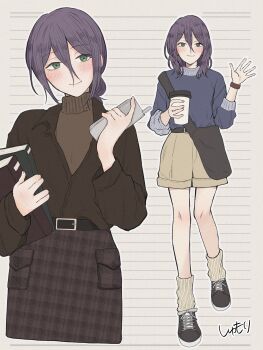 1girl black_shirt book chainsaw_man green_eyes hair_between_eyes hair_bun highres holding holding_book long_hair long_hair_between_eyes long_sleeves reze_(chainsaw_man) shirt shoes shorts shumori single_hair_bun skirt smile sweater