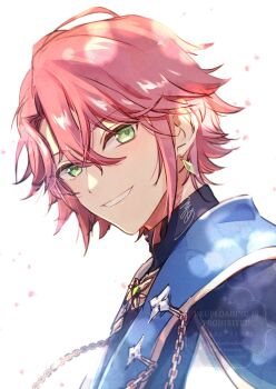 1boy chain clenched_teeth commentary_request earrings ensemble_stars! green_eyes hair_between_eyes highres isara_mao jewelry looking_at_viewer male_focus mitsumame_(mitsumamentama) official_alternate_costume official_alternate_hairstyle petals purple_hair short_hair simple_background smile solo teeth upper_body watermark white_background