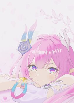 1girl absurdres afelix2811 commentary_request cyrene_(honkai:_star_rail) cyrene_(ripples_of_past_reverie)_(honkai:_star_rail) diamond-shaped_pupils diamond_(shape) flower hair_flower hair_ornament highres honkai:_star_rail honkai_(series) long_hair looking_at_viewer pink_hair pointy_ears purple_eyes simple_background smile solo symbol-shaped_pupils textless_version very_long_hair white_background