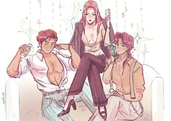 1girl 2boys abby_(kpop_demon_hunters) abs bottle commentary crossed_arms cup holding holding_bottle holding_cup jacket jacket_on_shoulders jewelry kpop_demon_hunters long_hair medium_hair mira_(kpop_demon_hunters) multiple_boys necklace pants pink_hair romance_(kpop_demon_hunters) sealfarts short_hair sidelocks sitting sparkle striped_clothes striped_jacket striped_pants vertical-striped_clothes vertical-striped_jacket vertical-striped_pants watch wristwatch