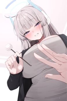 alternate_costume blue_archive blue_halo blunt_bangs blush breasts from_below grey_hair grin halo highres huge_breasts long_hair long_sleeves nenight noa_(blue_archive) open_clothes purple_eyes simple_background smile upper_body white_background