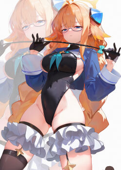1girl absurdres ahoge aqua_neckerchief black-framed_eyewear black_gloves black_leotard black_thighhighs blue_archive blue_eyes blue_shrug blue_trim blunt_bangs braid breasts closed_mouth commentary covered_navel frilled_thigh_strap frills glasses gloves groin hair_intakes hair_ornament halo hands_up highleg highleg_leotard highres holding holding_riding_crop large_breasts leotard long_hair long_sleeves looking_ahead low_twin_braids neckerchief nonoka7221 official_alternate_costume orange_hair riding_crop semi-rimless_eyewear shimiko_(blue_archive) shimiko_(magical)_(blue_archive) shrug_(clothing) sideboob sidelocks simple_background solo standing star_(symbol) thigh_strap thighhighs thighs twin_braids under-rim_eyewear very_long_hair white_background yellow_halo zoom_layer
