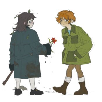 1boy 1girl abaddon_(haunted_hotel) averting_eyes blue_coat blue_eyes brown_eyes brown_hair child coat commentary_request dirt dirty dirty_clothes esther_freeling flower full_body giving giving_flower green_coat haunted_hotel hetero highres holding holding_flower leaf_in_hair long_hair looking_to_the_side messy_hair orange_hair oversized_clothes rickorty_08 short_hair simple_background white_background