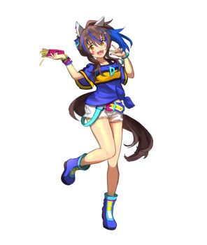 Rule 34 | 1girl, animal ears, blue hair, blue shirt, blush, boots, bracelet, breasts, brown hair, colored inner hair, daitaku helios (fun fun party night) (umamusume), daitaku helios (umamusume), ear covers, ear ornament, facial tattoo, fang, food, french fries, full body, hair between eyes, hair ornament, hairclip, holding, holding food, horse ears, horse girl, horse tail, jewelry, long hair, looking at viewer, martypcsr, multicolored hair, multicolored nails, necklace, open mouth, shirt, shorts, side ponytail, simple background, smile, solo, star (symbol), star hair ornament, streaked hair, tail, tattoo, tied shirt, umamusume, w, white background, white shorts, yellow eyes