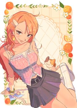 1girl absurdres animal arm_support arm_warmers bare_shoulders belt belt_buckle black_belt blush boots border bracelet breasts brown_eyes buckle button_gap buttons camisole cat closed_mouth collarbone earrings flower food fruit gold_earrings hair_ornament hairclip highres jewelry log_pose long_hair looking_at_viewer mandarin_orange miniskirt mixed-language_commentary nami_(one_piece) one_piece orange_hair outside_border plaid_clothes plaid_skirt pleated_skirt sam_one111 shoulder_tattoo sitting skirt sleeves_past_wrists smile solo spaghetti_strap swept_bangs tattoo thigh_gap wavy_hair white_boots white_border yokozuwari