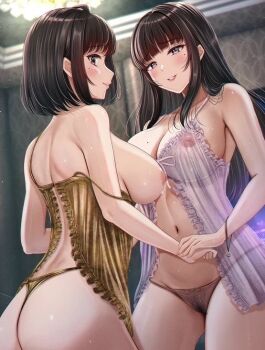 ass babydoll bare_shoulders blush breasts breasts_out commentary_request cowboy_shot ichijou_manami_(nori_chazuke) ichijou_misaki_(nori_chazuke) indoors large_breasts long_hair nipples nori_chazuke original parted_lips see-through_babydoll see-through_clothes short_hair siblings single_off_shoulder sisters smile spaghetti_strap white_babydoll yellow_babydoll