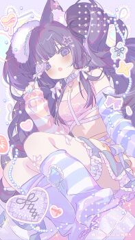 1girl animal_ear_fluff animal_ears aqua_skirt arm_warmers asymmetrical_legwear belt belt_collar black_hair blue_arm_warmers blue_leg_warmers bow candy chromatic_aberration collar commentary commission film_grain food frilled_skirt frills hair_bow hair_ornament heart heart-shaped_food heart-shaped_lollipop highres holding holding_candy holding_food holding_lollipop leg_warmers lollipop long_hair mismatched_arm_warmers mismatched_legwear open_mouth original pink_arm_warmers purple_eyes shaped_lollipop shoes sitting skirt solo sparkle star_(symbol) star_hair_ornament striped_arm_warmers symbol-only_commentary twintails umehara_sei very_long_hair white_belt white_bow white_collar white_shoes