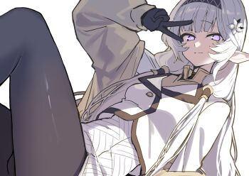 1girl absurdres black_hairband black_pantyhose blue_archive blunt_bangs bright_pupils closed_mouth commentary_request cowboy_shot dutch_angle flower hair_flower hair_ornament hair_tubes hairband hand_up highres himari_(blue_archive) knees_up koppepan_agp long_hair long_sleeves looking_at_viewer lying on_back pantyhose pointy_ears purple_eyes shirt sidelighting sidelocks simple_background smile solo thighs v v_over_eye very_long_hair white_background white_flower white_hair white_pupils white_shirt