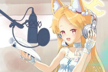 1girl :d alternate_costume animal animal_ear_fluff animal_ears animal_on_shoulder bare_shoulders bilingual_commentary bird bird_on_shoulder blonde_hair blue_archive blurry blush book bow breasts choker collarbone commentary commentary_request covered_erect_nipples cross_halo depth_of_field dress drkunugi01 english_commentary extra_ears forehead fox_ears fox_girl halo hands_up happy headphones highres holding holding_book indoors long_hair microphone mixed-language_commentary multicolored_eyes open_book open_mouth parted_bangs playable_character_celebration red_eyes seia_(blue_archive) sleeveless sleeveless_dress slit_pupils small_breasts smile solo straight_hair two-tone_eyes upper_body white_bird white_bow white_choker white_dress white_wrist_cuffs wrist_cuffs yellow_bow yellow_eyes yellow_halo
