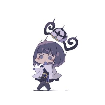 1girl belt belt_buckle black_dress black_pantyhose black_shoes blush_stickers bob_cut buckle chibi chibi_only closed_mouth coat commentary_request dress gloves gwynn_(pokemon) hat highres long_sleeves nintendo o-ring o-ring_belt open_clothes open_coat pantyhose partially_fingerless_gloves pokemon pokemon_legends:_z-a purple_eyes purple_hair ramuawa shoes short_hair solo surprised unworn_hat unworn_headwear white_background white_coat wide_sleeves