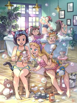 6+girls animal animal_ears artist_logo bare_shoulders barefoot bath bath_brush bathing bathtub bikini black_hair blonde_hair blue_eyes blue_hairband blush book bottle bow cat_ears cat_girl cat_tail chair drinking foam frilled_bikini frills glasses green_hairband hair_bow hair_ornament hairband halterneck highres holding holding_book holding_bottle holding_brush holding_swim_ring indoors innertube lamp logo mouse_(animal) multiple_girls nanami_tomorou navel on_chair open_mouth orange_hairband original photo_(object) picture_frame pink_hairband purple_hairband red_hairband seal_script side-tie_bikini_bottom sitting soap_bubbles stuffed_animal stuffed_cat stuffed_panda stuffed_penguin stuffed_toy swim_ring swimsuit tail teddy_bear window