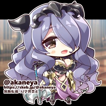 1girl akaneya armor axe bikini_armor black_armor black_panties breasts brown_eyes camilla_(fire_emblem) chibi chibi_only cleavage commission fire_emblem fire_emblem_fates hair_over_one_eye holding holding_axe letterboxed long_hair looking_at_viewer lowres medium_breasts nintendo open_mouth panties pelvic_curtain purple_hair skeb_commission smile solo tiara underwear wavy_hair weapon