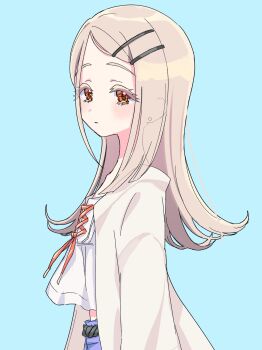 Rule 34 | 1girl, absurdres, belt, black belt, blonde hair, blue background, camisole, closed mouth, colored eyelashes, commentary, earrings, flipped hair, from side, gakuen idolmaster, grey robe, hair ornament, hairclip, highres, idolmaster, jewelry, kanipoposu, long hair, long sleeves, looking at viewer, midriff, open clothes, open robe, orange eyes, orange ribbon, parallel hairclips, parted bangs, ribbon, robe, rope belt, shinosawa hiro, simple background, solo, stud earrings, upper body, white camisole