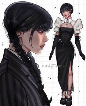 1girl aegyo_sal alternate_costume black_dress black_eyes black_gloves black_hair black_shoes blazer braid choppy_bangs collared_shirt collared_shrug dress ear_piercing earrings elbow_gloves eyelashes from_side gloves highres jacket jenna_ortega jewelry long_dress looking_at_viewer low_twin_braids multicolored_jacket multiple_views pearl_belt piercing platform_heels profile puffy_sleeves shirt shoes shrug_(clothing) side_slit standing striped_clothes striped_jacket tan the_addams_family thick_eyebrows thick_lips twin_braids twitter_username two-tone_jacket upper_body vertical-striped_clothes vertical-striped_jacket wednesday_(netflix) wednesday_addams white_background white_shrug zeebythesea