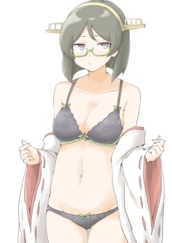Rule 34 | 1girl, akara kai, bare shoulders, black bra, black hair, black panties, blush, bra, breasts, detached sleeves, embarrassed, glasses, hairband, headgear, highres, japanese clothes, kantai collection, kirishima (kancolle), nontraditional miko, open clothes, panties, short hair, solo, sweatdrop, underwear, undressing