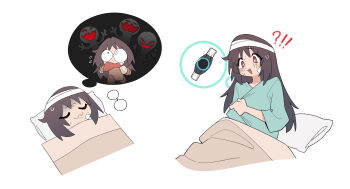 !? bandages belt genderswap genderswap_(mtf) glasses goz-zz highres hospital_gown kamen_rider kamen_rider_zeztz_(series) pillow red_eyes sleeping surprised turn_pale unworn_eyewear yorozu_baku