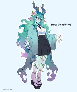 1girl absurdres animal_ears black_sandals black_skirt breasts claws clothing_cutout colored_skin deer_ears digitigrade english_text flower gradient_hair green_eyes green_hair green_skin hair_flower hair_ornament highres hip_vent horns inktober long_hair magic medium_breasts multicolored_hair original pink_flower pink_hair pink_skin plant platform_sandals sandals skirt solo twitter_username unreal_fish very_long_hair vines