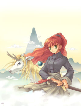 1boy 1girl antlers archived_source artist_name bad_link blonde_hair blue_eyes blue_jacket blue_sleeves breasts chinese_clothes closed_mouth cloud cowboy_shot day floating_hair green_eyes hair_tie holding holding_sheath holding_sword holding_weapon horns horse jacket jewelry juuni_kokuki keiki_(juuni_kokuki) kirin_(juuni_kokuki) light_frown long_hair long_sidelocks looking_at_another looking_at_viewer medium_breasts mountain nakajima_youko necklace orb outdoors red_hair sheath sidelocks signature single_antler sky sleeve_cuffs sword sword_tassel tangzhuang tassel tiv unsheathing very_long_hair wavy_hair wavy_sidelocks weapon white_fur yellow_sky yellow_tail