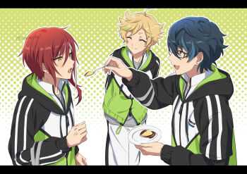 3boys ahoge aoba_tsugumi arms_behind_back black-framed_eyewear blonde_hair blue_hair clenched_hand closed_mouth drawstring earrings ensemble_stars! facing_another feeding fingernails glasses green_hair hand_up harukawa_sora holding holding_plate holding_spoon hood hood_down hooded_jacket jacket jewelry kirarin_(kirarinpika) letterboxed long_sleeves looking_at_another male_focus multicolored_hair multiple_boys open_mouth orange_eyes plate red_hair sakasaki_natsume short_hair smile spoon streaked_hair stud_earrings switch_(ensemble_stars!) twitter_username two-tone_hair upper_body white_hair yellow_eyes zipper_pull_tab