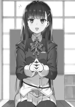 1girl blunt_bangs bow breasts chair character_request collared_shirt cow greyscale hair_ornament hairclip highres indoors jacket jitome kanzen_muken_no_shinjin_majutsusei long_hair long_sidelocks long_sleeves looking_at_viewer medium_breasts miniskirt monochrome nauribon non-web_source notice_lines novel_illustration official_art on_chair open_mouth own_hands_together plaid_bow pleated_skirt school_uniform shirt sidelocks sitting skirt smile straight_hair window
