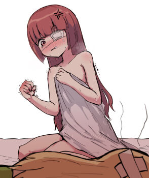 2girls anger_vein bandaid blonde_hair blush covering_breasts covering_privates crying crying_with_eyes_open domestic_violence eyepatch hanazono_yurine highres jashin-chan jashin-chan_dropkick long_hair medical_eyepatch multiple_girls punched red_hair shino_(yaruki_nai_yatsu) sweat tears trembling white_background yuri