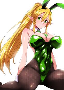 Rule 34 | 1girl, alternate costume, animal ears, between breasts, blonde hair, braid, breasts, cleavage, commentary request, detached collar, elf, fishnets, green eyes, green leotard, hair between eyes, highleg, highleg leotard, highres, impossible clothes, impossible leotard, island (kossori), large breasts, leafa (sao), leotard, long hair, looking at viewer, necktie, necktie between breasts, pantyhose, playboy bunny, pointy ears, ponytail, rabbit ears, shiny clothes, shiny skin, side braids, simple background, sitting, smile, solo, sword art online, twin braids, wariza, white background, wrist cuffs