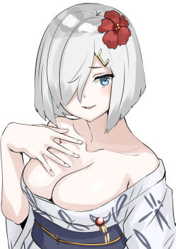 1girl 30-06 blue_eyes breasts cleavage commentary_request dragonfly_print flower grey_hair hair_flower hair_ornament hair_over_one_eye hairclip hamakaze_(kancolle) hamakaze_(yukata)_(kancolle) highres japanese_clothes kantai_collection kimono kimono_partially_removed large_breasts looking_at_viewer short_hair simple_background smile solo white_background white_kimono