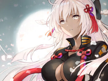 Rule 34 | 1girl, bow, breasts, chocomirukuaji, cleavage, cleavage cutout, clothing cutout, dark-skinned female, dark skin, fate/grand order, fate (series), hair bow, hair ornament, large breasts, long hair, okita souji (fate), okita souji alter (fate), okita souji alter (second ascension) (fate), petals, solo, tassel, tassel hair ornament, upper body, white eyes, white hair