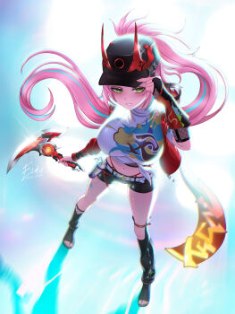 1girl absurdres belt black_bridal_gauntlets black_hat black_shoes black_shorts breasts bridal_gauntlets commission eidis_scarlet eyelashes green_eyes hand_on_headwear hat highres holding holding_weapon honkai:_star_rail honkai_(series) long_hair midriff multicolored_hair navel open-toe_shoes pink_hair ponytail rappa_(honkai:_star_rail) shirt shoes shorts solo streaked_hair tied_shirt twitter_username weapon white_belt white_shirt zipper