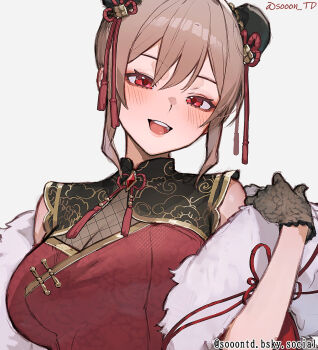 1girl alternate_hair_length_(shorter) bluesky_username blush breasts brown_hair bun_cover china_dress chinese_clothes commentary_request double_bun dress feather_boa fishnets furen_e_lustario furen_e_lustario_(7th_costume) gloves hair_bun hair_ornament highres lace lace_gloves large_breasts nijisanji official_alternate_costume open_mouth paid_reward_available raised_eyebrows red_dress see-through_cleavage see-through_clothes short_hair sidelocks simple_background smile sooon strapless strapless_dress tassel tassel_hair_ornament twitter_username upper_body virtual_youtuber