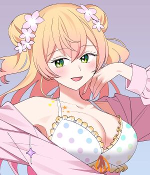 1girl alternate_costume bikini blonde_hair blue_background blush breasts cleavage collarbone crossed_bangs double_bun fang flower frilled_bikini frills gradient_background gradient_hair green_eyes hair_bun hair_flower hair_ornament hand_on_own_cheek hand_on_own_face hololive jacket large_breasts long_hair long_sleeves looking_to_the_side momosuzu_nene multicolored_hair open_clothes open_jacket open_mouth pink_flower pink_hair pink_jacket polka_dot polka_dot_bikini purple_background sidelocks single_off_shoulder smile solo star_(symbol) swimsuit two_side_up upper_body uuoftn virtual_youtuber white_bikini