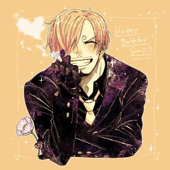 1boy ^_^ blush cigarette clenched_teeth closed_eyes collared_shirt curly_eyebrows dated facial_hair flower formal_clothes gloves goatee hair_over_one_eye happy_birthday hashtag-only_commentary highres holding holding_cigarette holding_flower male_focus mustache necktie one_piece orange_background sanji_(one_piece) shirt short_hair smile smoke solo sparkle suit tagawa_jiro teeth