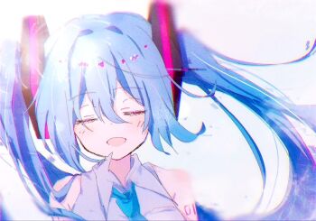 1girl arm_tattoo bare_shoulders blue_hair blush closed_eyes fireworks glitch hair_between_eyes hair_ornament hatsune_miku long_hair music necktie number_tattoo open_mouth pink_tattoo shirt simple_background singing sleeveless solo tagme tattoo twintails uyu075 vocaloid white_background white_shirt