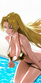 1girl absurdres bikini blonde_hair breasts commentary_request gold_bikini highres hoshino_akarii huge_breasts jujutsu_kaisen large_breasts long_hair pool red_eyes solo swimsuit tsukumo_yuki_(jujutsu_kaisen) water